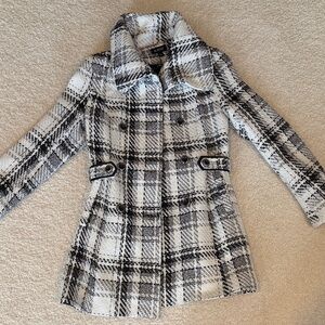 A. Byer Black and White Plaid Trench Coat